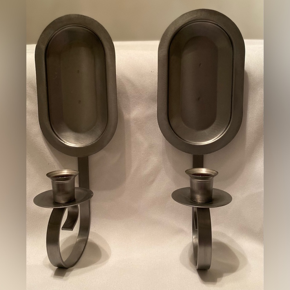 Vintage Pair of Single Taper Pewter Wall Sconces - Picture 2 of 6